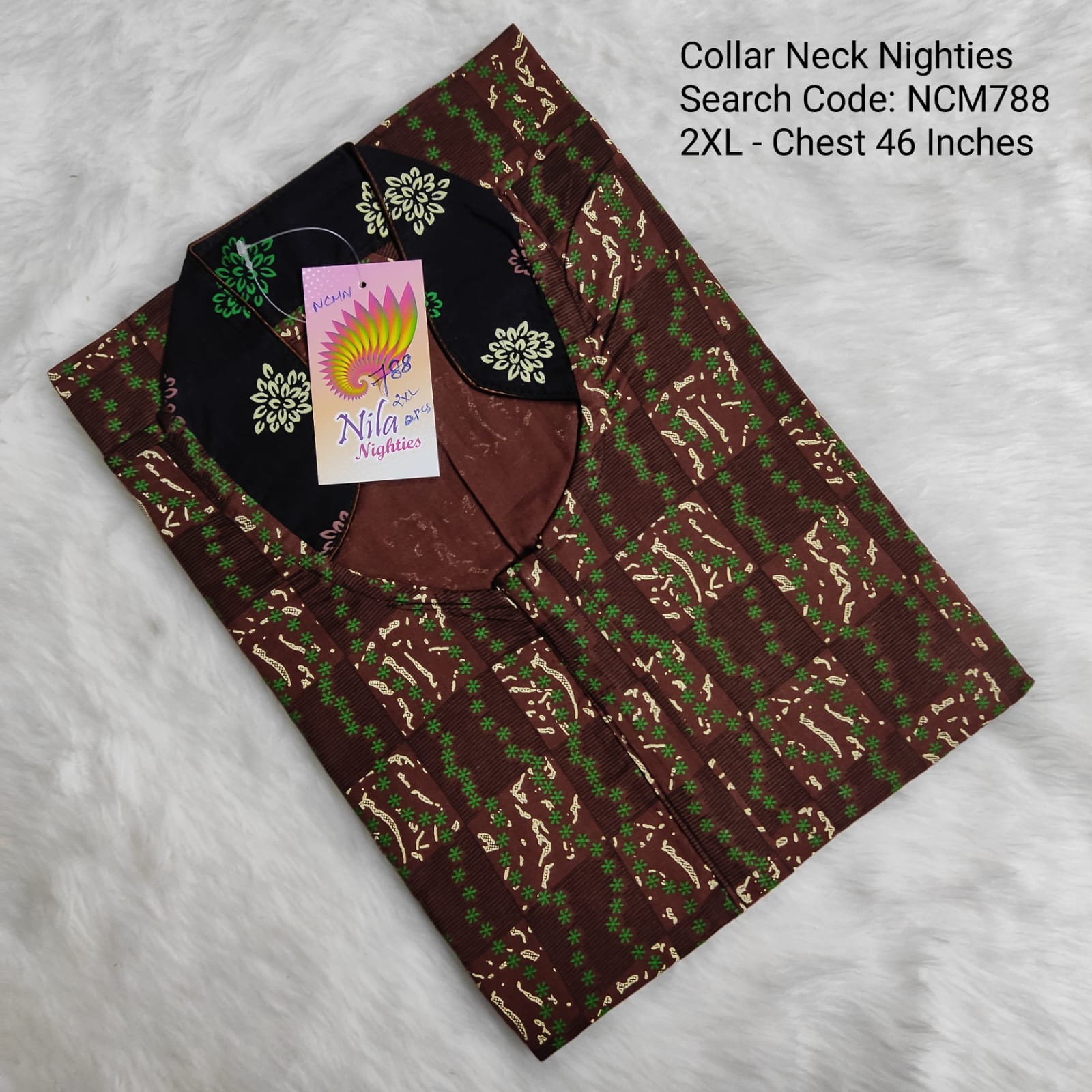 Brown Cotton Nila Collar Neck Model Nighties -NCM788