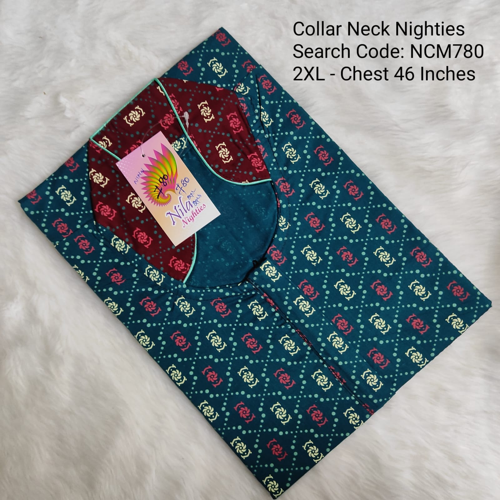 Teal Cotton Nila Collar Neck Model Nighties -NCM780