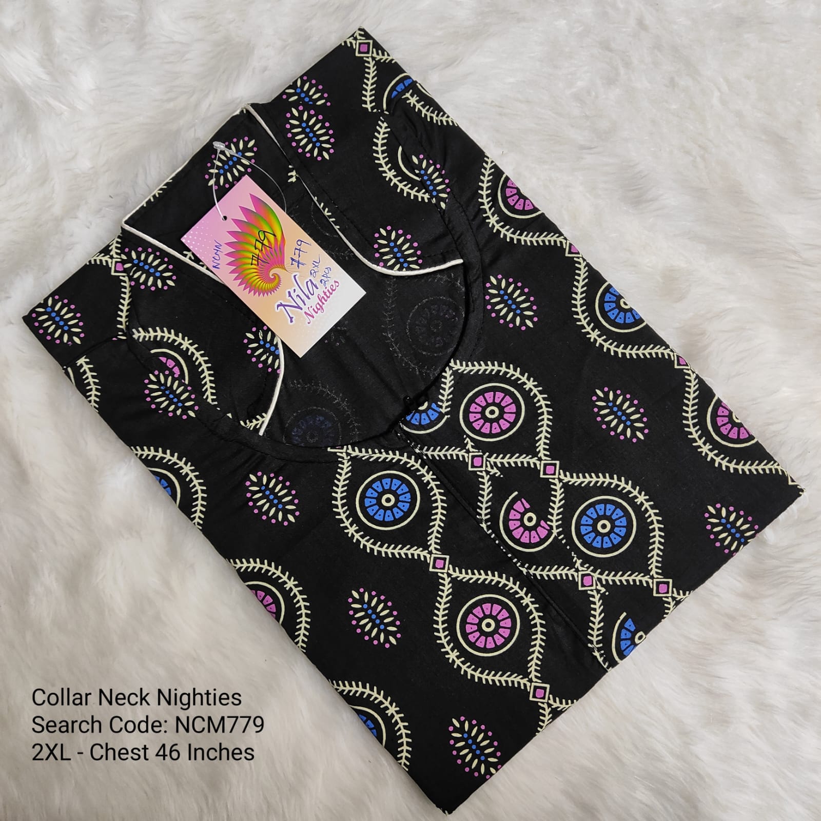 Black Cotton Nila Collar Neck Model Nighties -NCM779