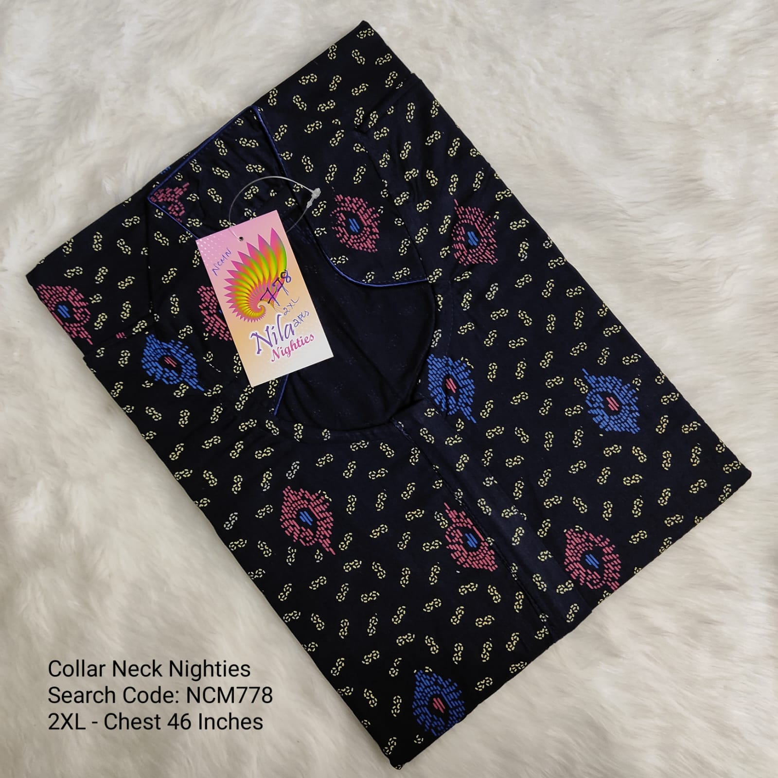 Ink Blue Cotton Nila Collar Neck Model Nighties -NCM778