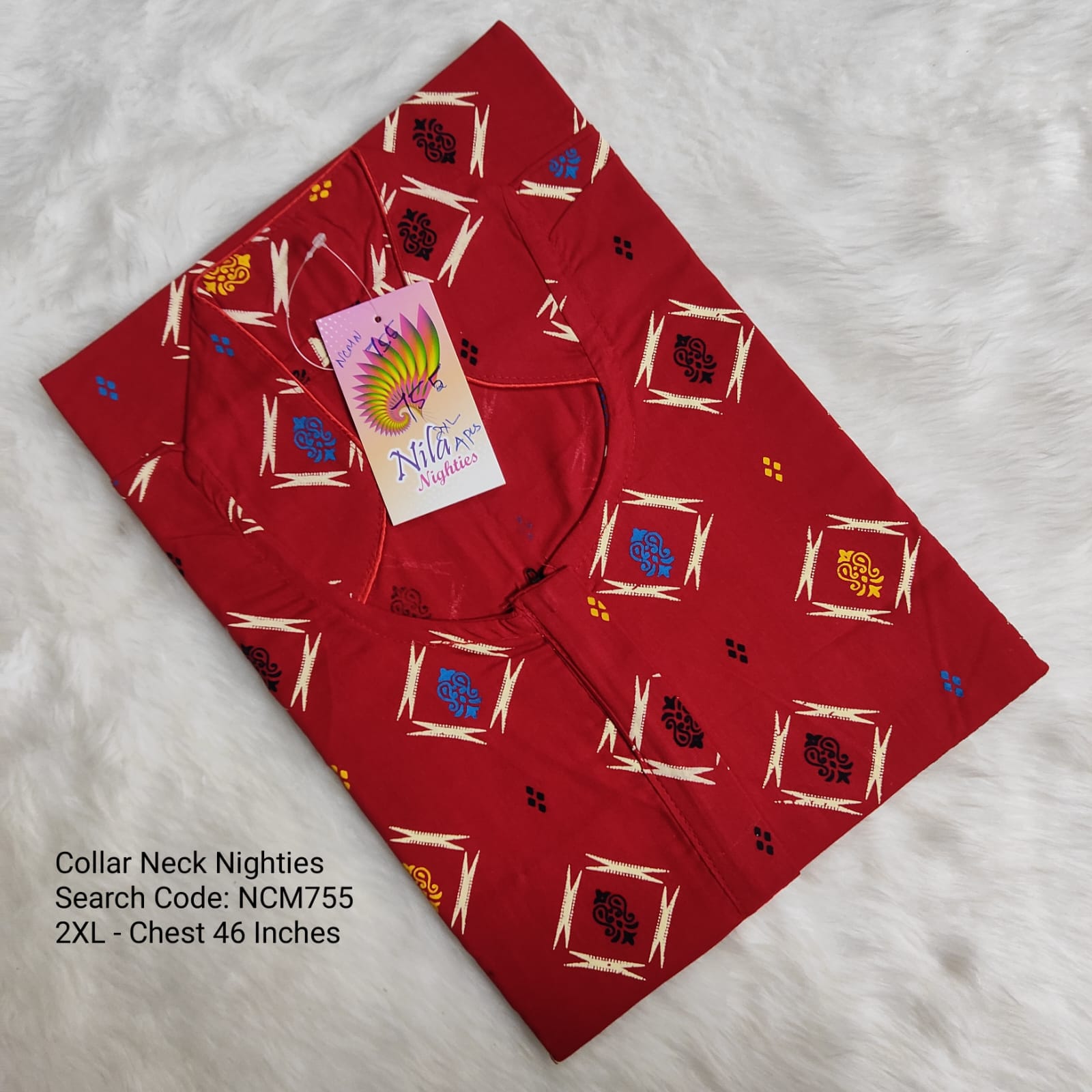 Red Cotton Nila Collar Neck Model Nighties -NCM755
