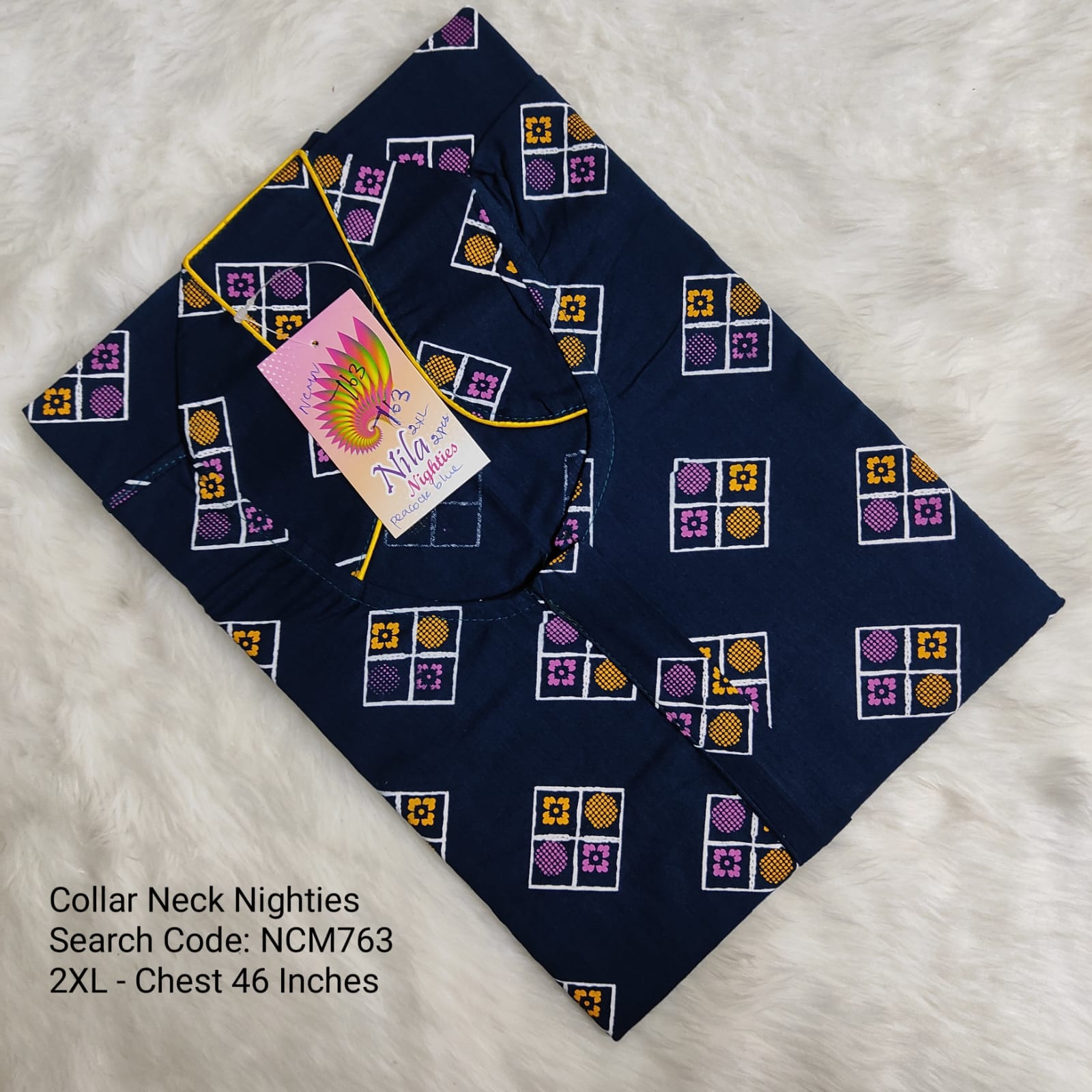 Ink Blue Cotton Nila Collar Neck Model Nighties -NCM763