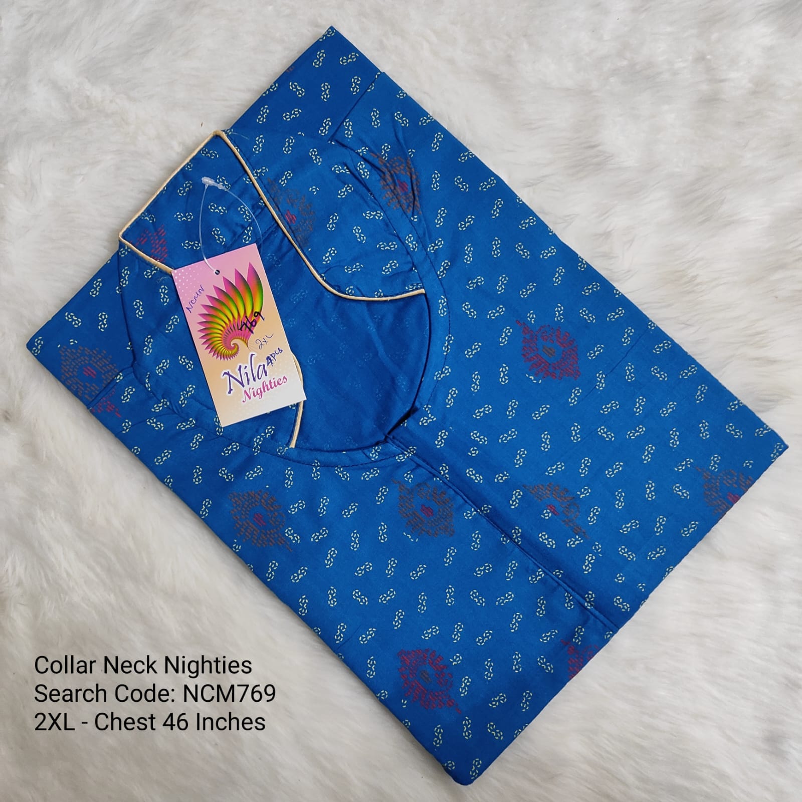 Sky Blue Cotton Nila Collar Neck Model Nighties -NCM769