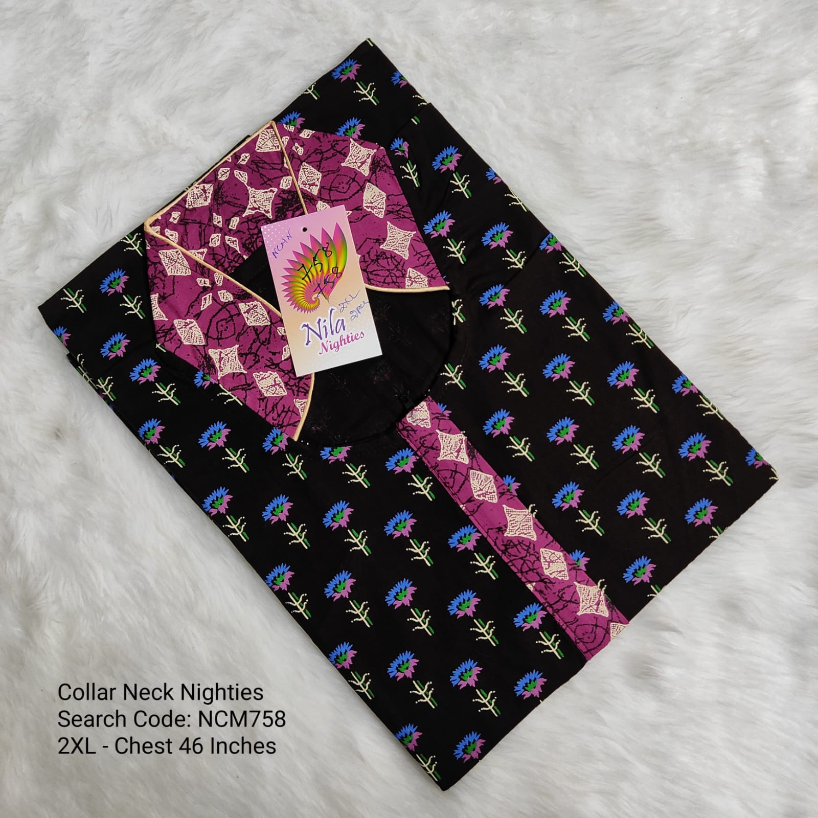 Navy Blue Cotton Nila Collar Neck Model Nighties -NCM758