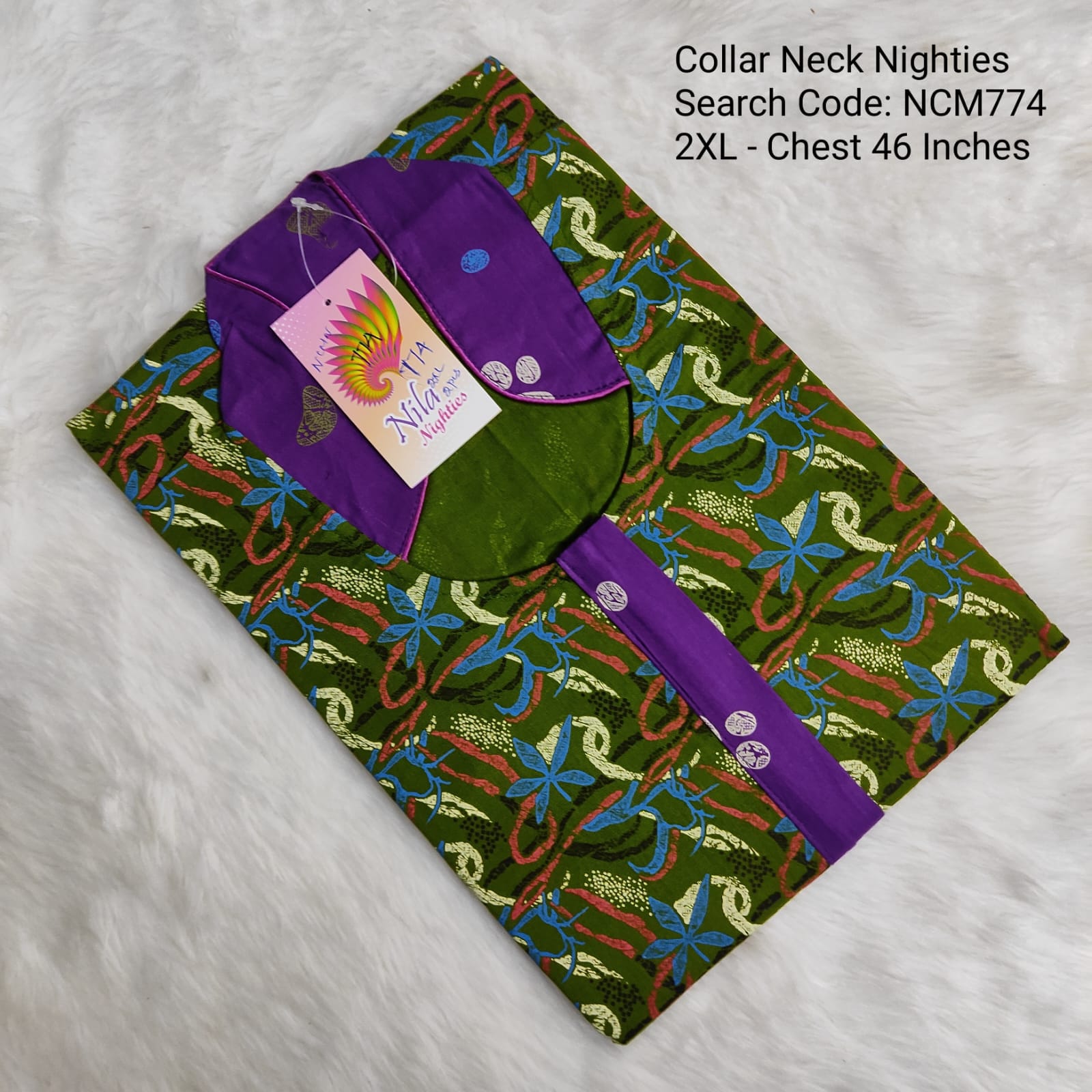 Green Cotton Nila Collar Neck Model Nighties -NCM774