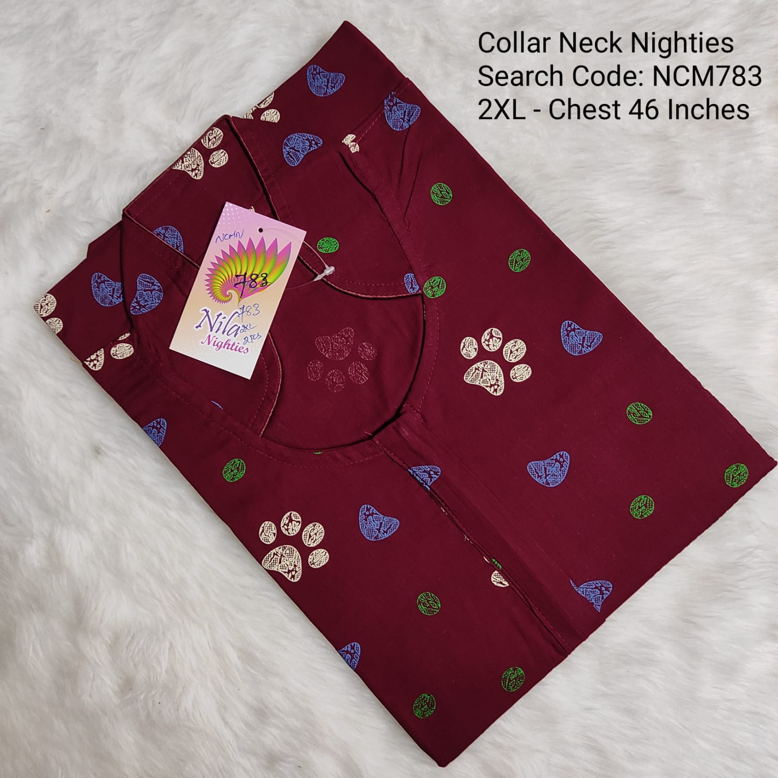Wine Cotton Nila Collar Neck Model Nighties -NCM783