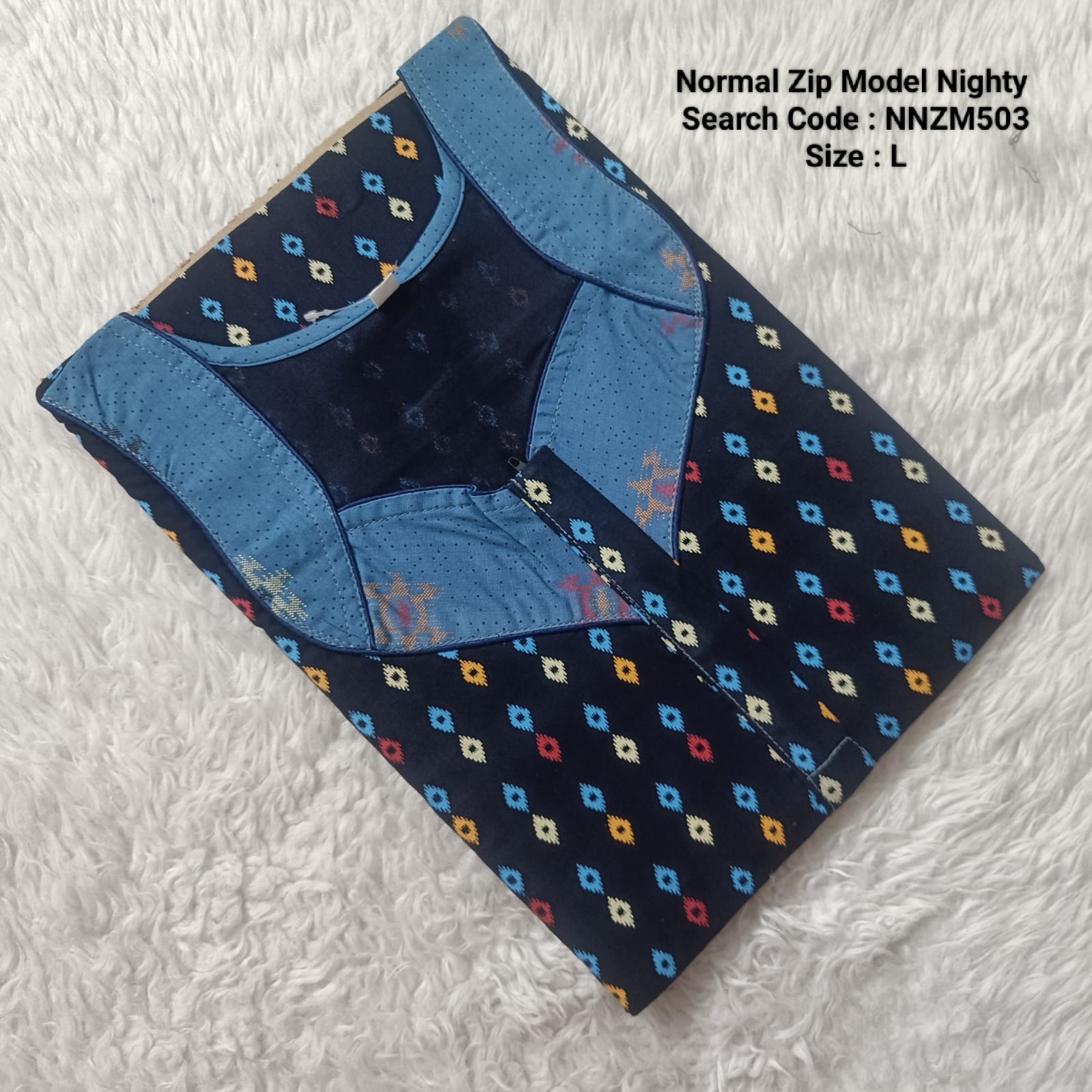 Navy Blue Cotton Nila Normal Zip Nighties - NNZM503