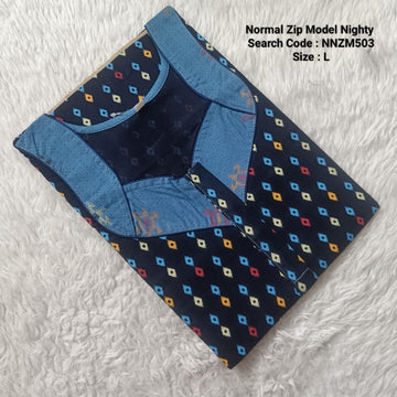 Navy Blue Cotton Nila Normal Zip Nighties - NNZM503