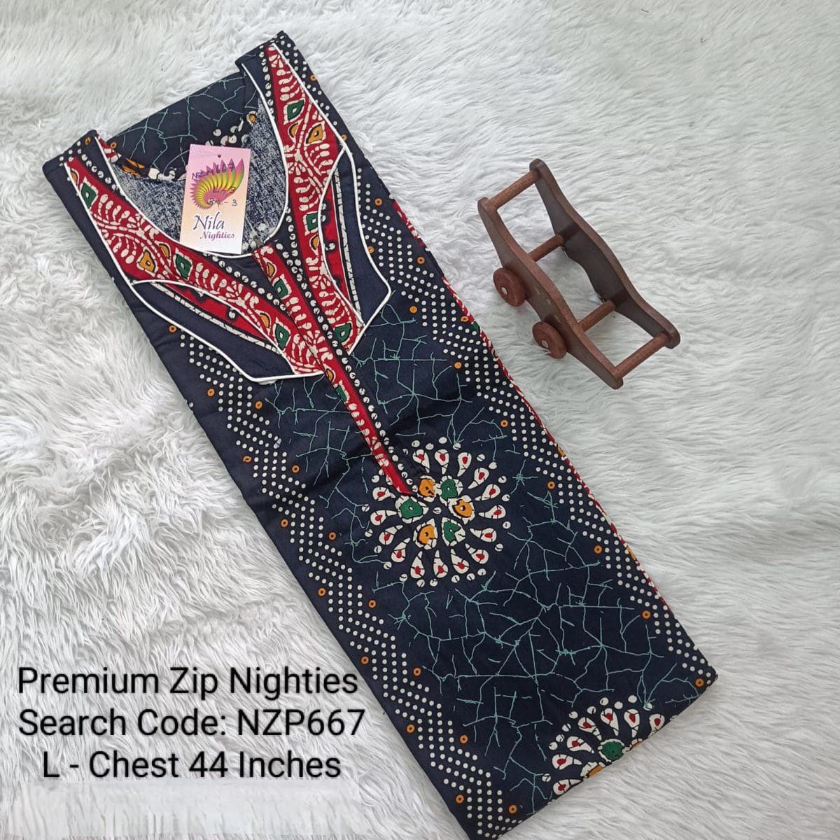 Navy Blue Cotton Nila Normal Zip Nighties - NZP667