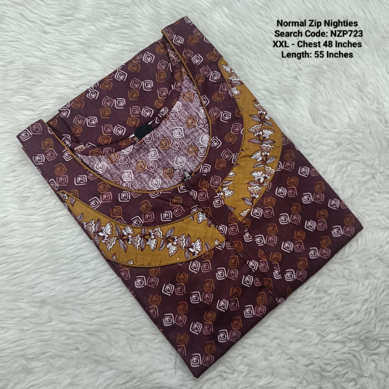 Brown Cotton Nila Normal Zip Nighties - NZP723