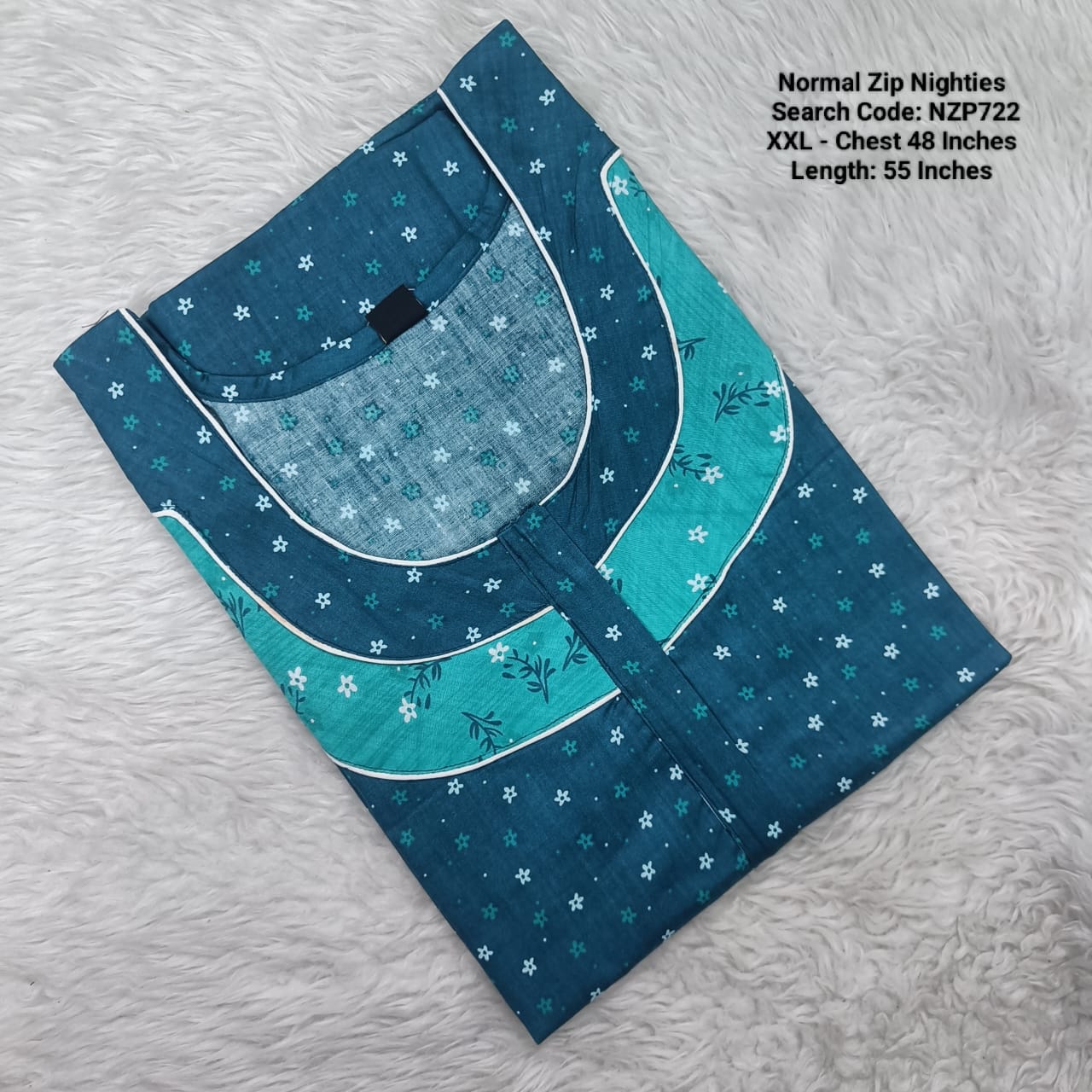 Aqua Blue Cotton Nila Normal Zip Nighties - NZP722