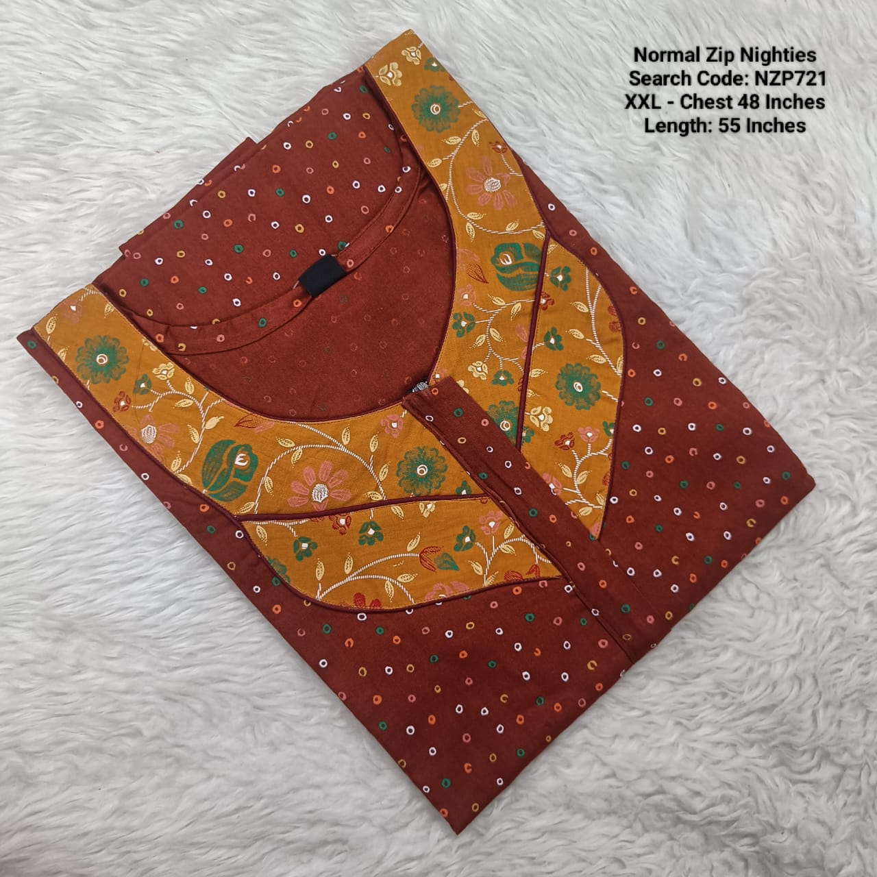 Brown Cotton Nila Normal Zip Nighties - NZP721