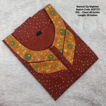 Brown Cotton Nila Normal Zip Nighties - NZP721