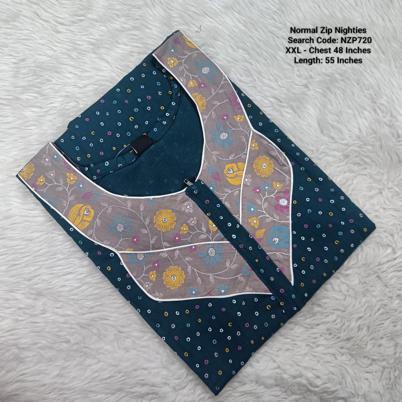 Blue Cotton Nila Normal Zip Nighties - NZP720