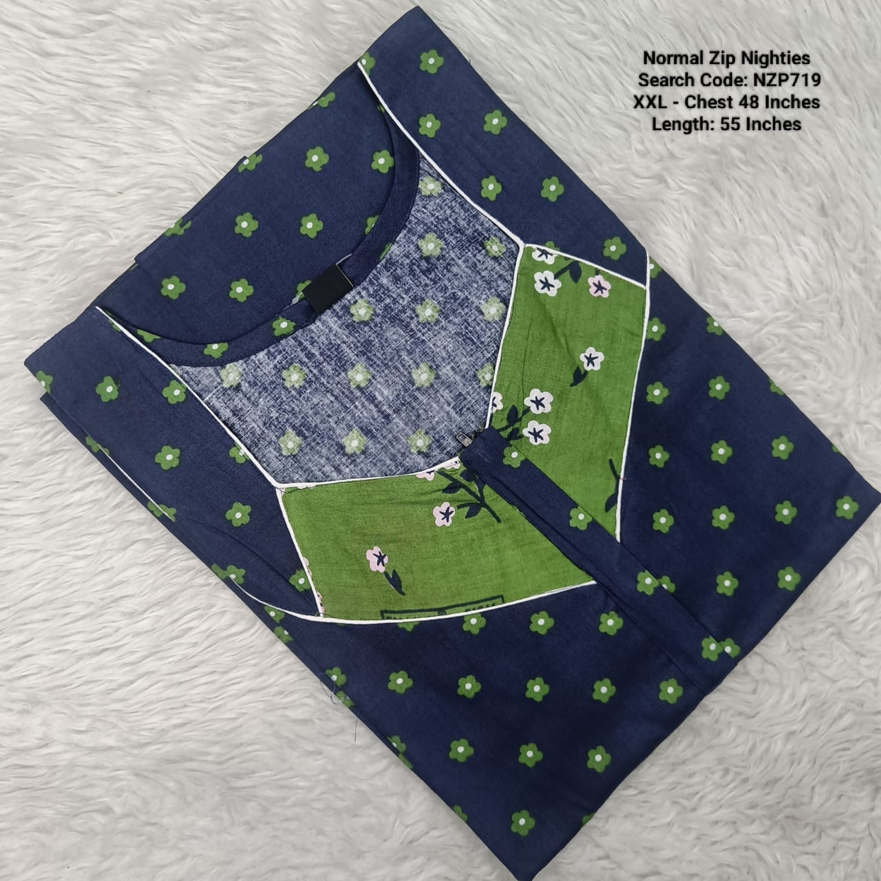 Navy Blue Cotton Nila Normal Zip Nighties - NZP719