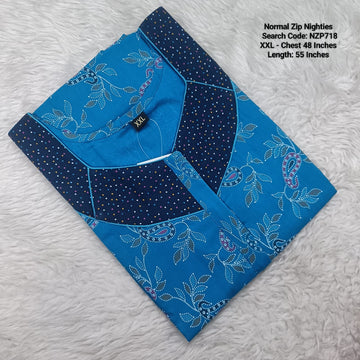 Sky Blue Cotton Nila Normal Zip Nighties - NZP718