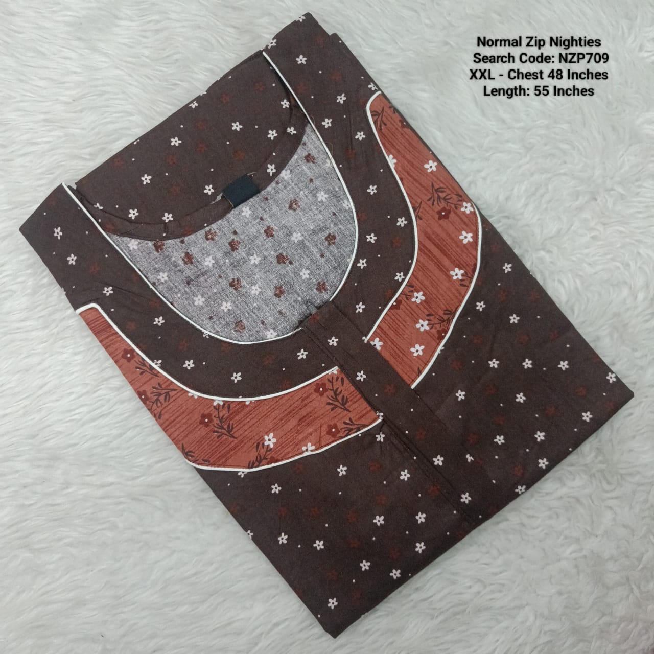 Brown Cotton Nila Normal Zip Nighties - NZP709