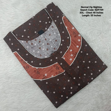 Brown Cotton Nila Normal Zip Nighties - NZP709