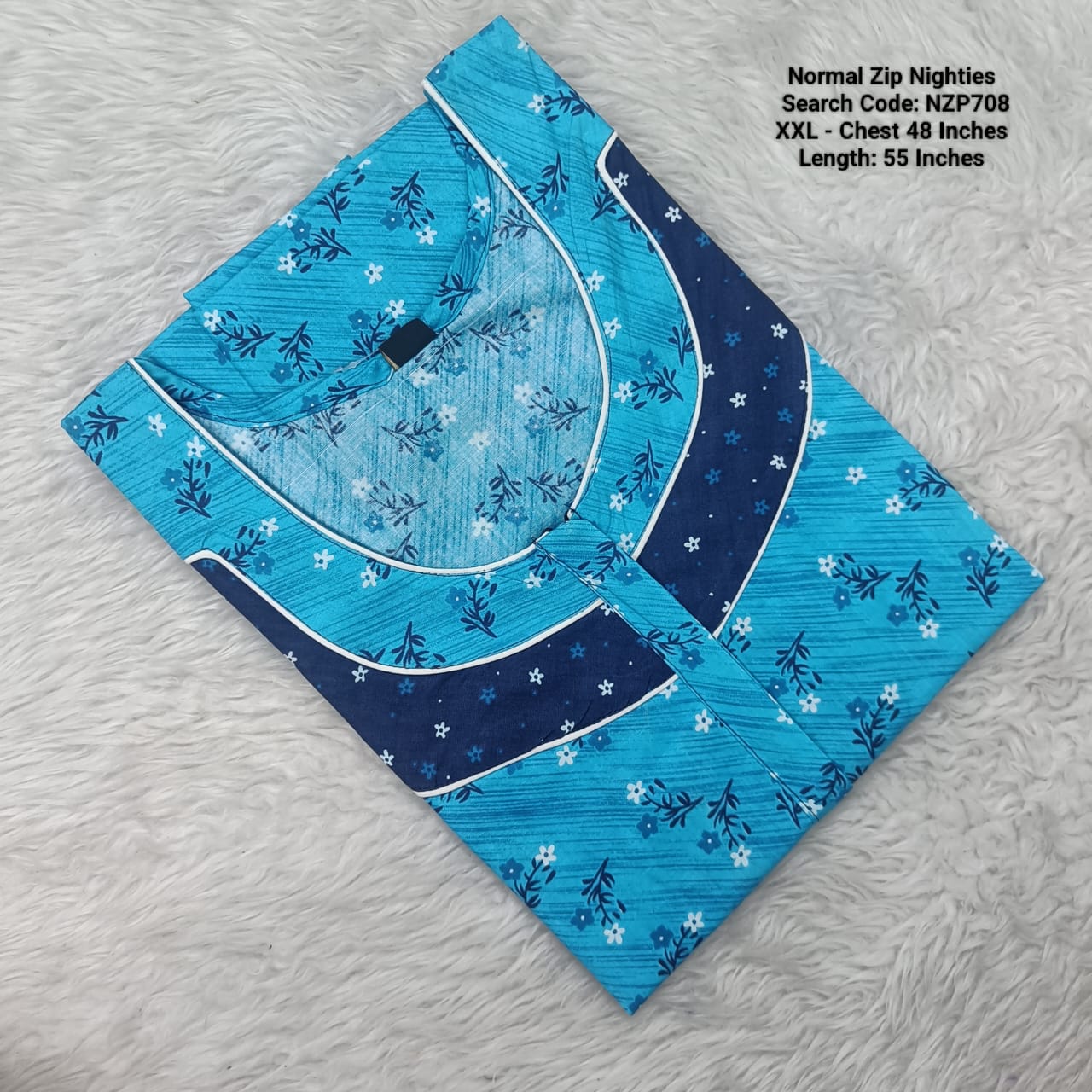 Sky Blue Cotton Nila Normal Zip Nighties - NZP708