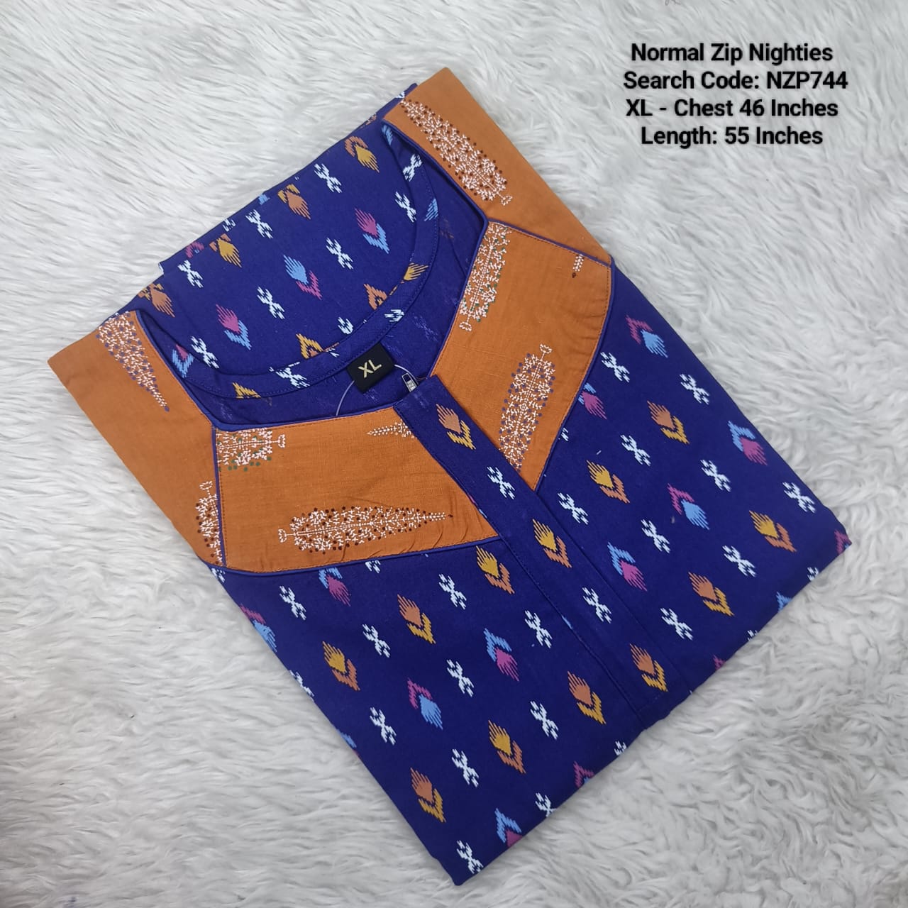 Ink Blue Cotton Nila Normal Zip Nighties - NZP744