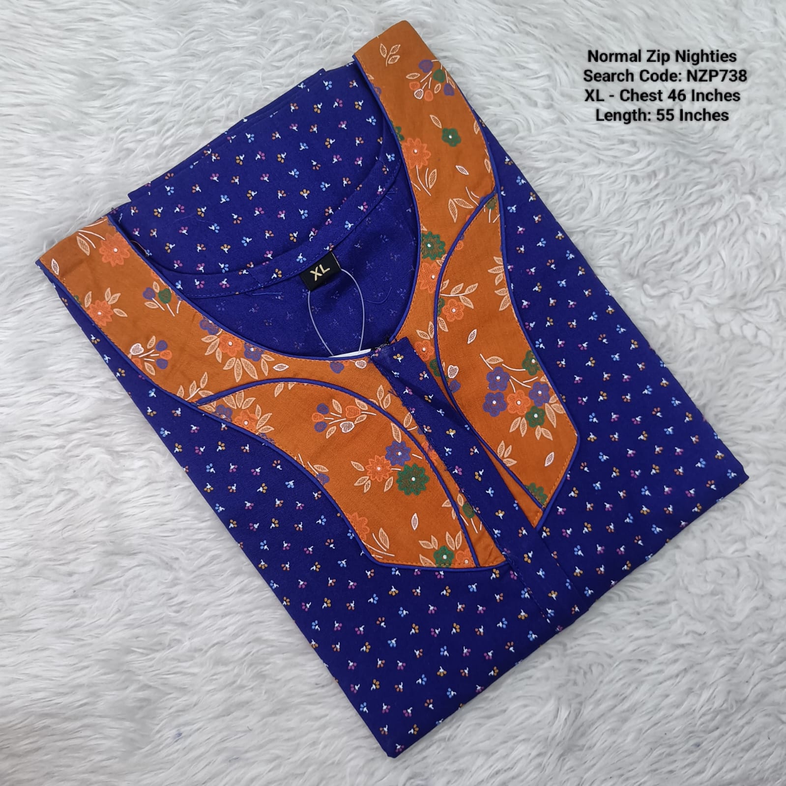 Ink Blue Cotton Nila Normal Zip Nighties - NZP738