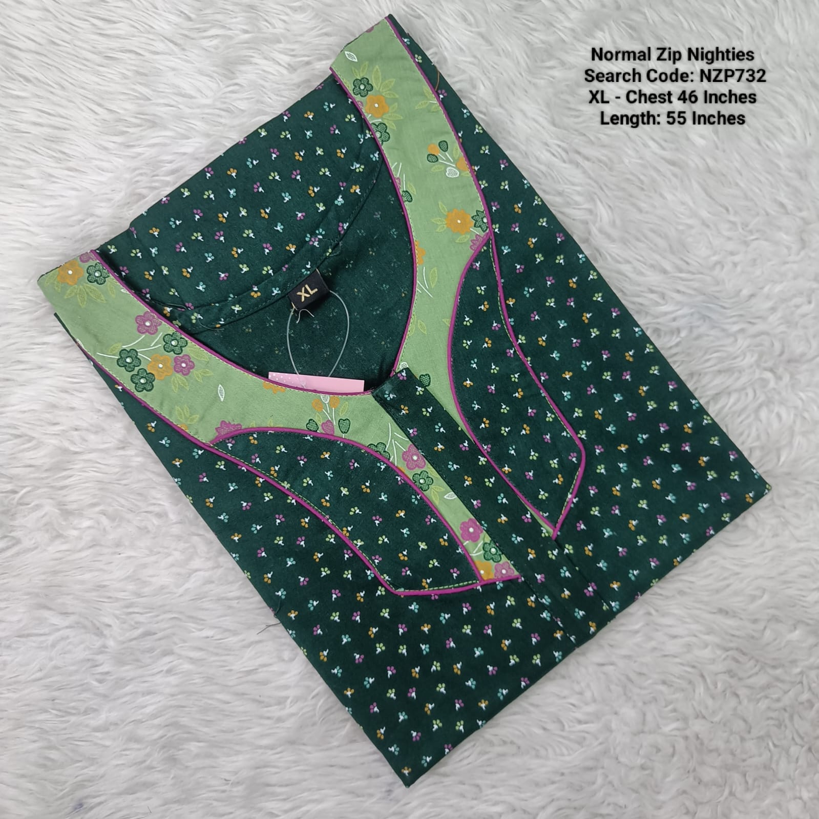 Green Cotton Nila Normal Zip Nighties - NZP732