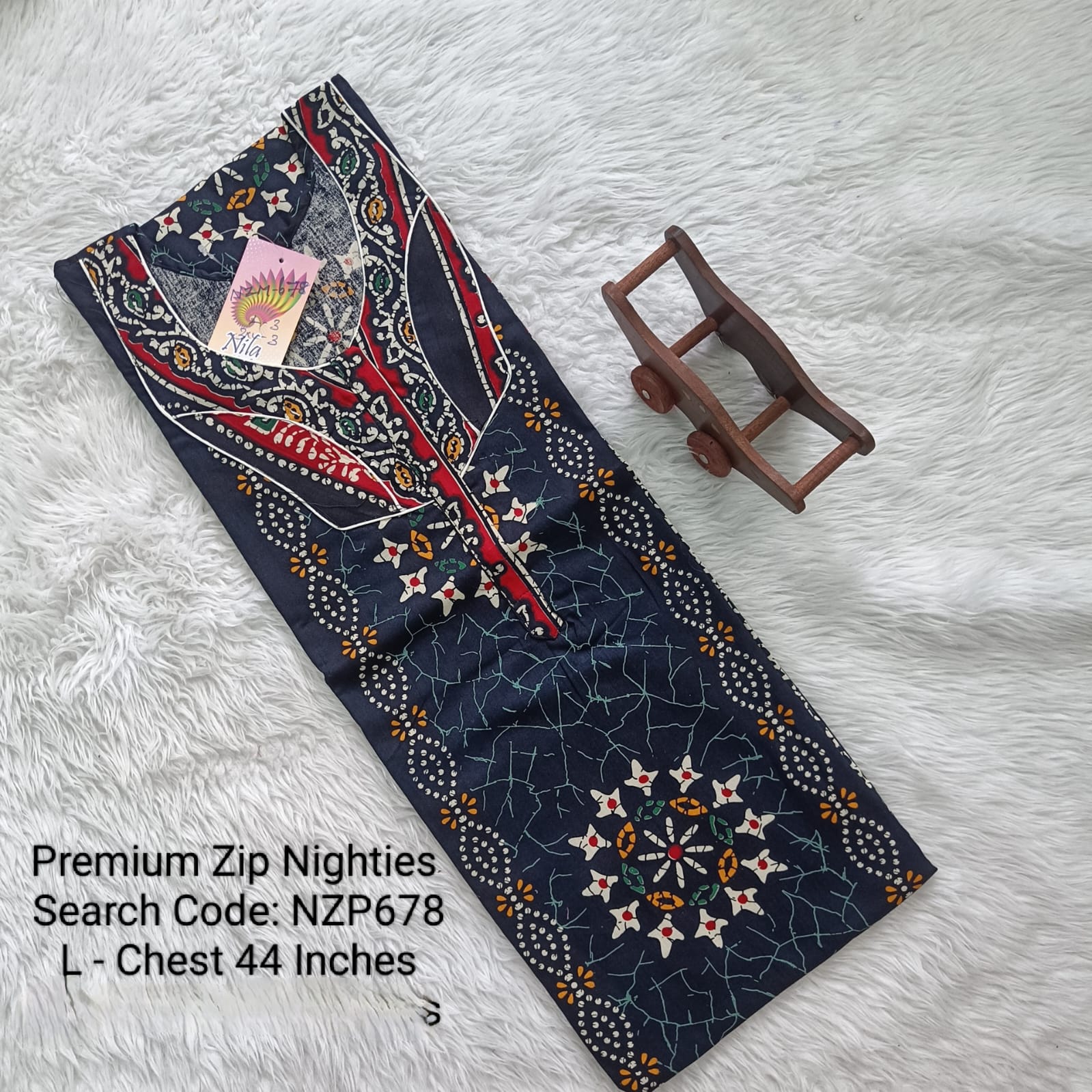 Navy Blue Cotton Nila Normal Zip Nighties - NZP678