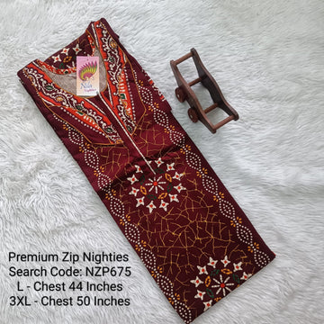 Coffee Brown Cotton Nila Normal Zip Nighties - NZP675