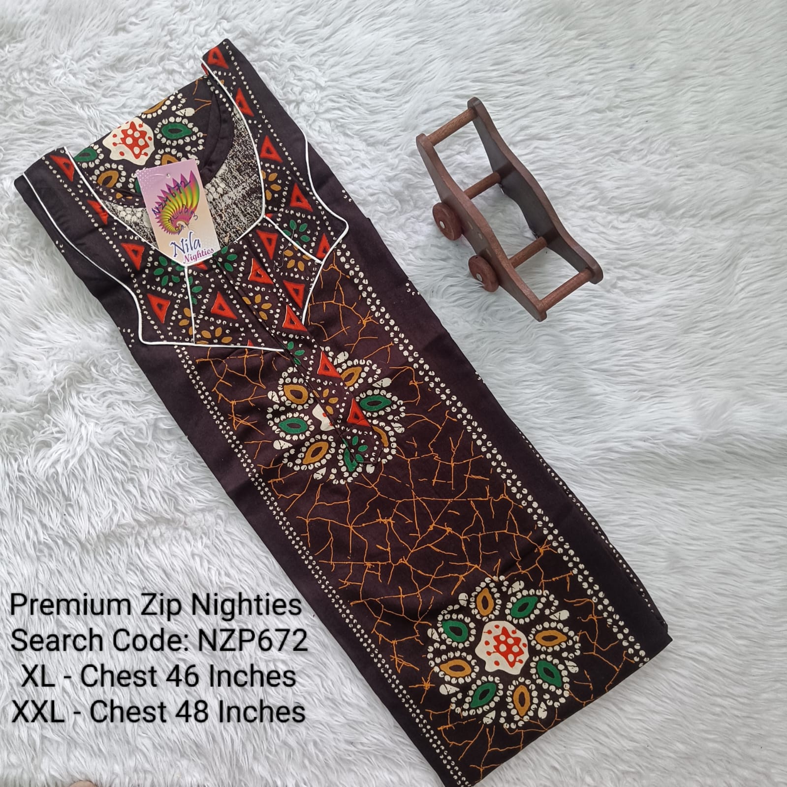 Coffee Brown Cotton Nila Normal Zip Nighties - NZP672