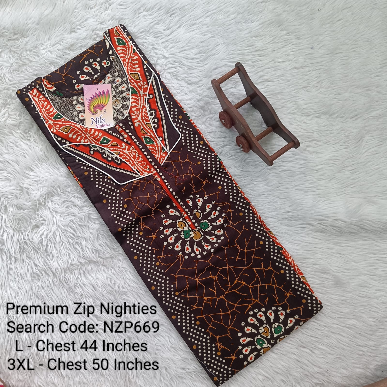 Coffee Brown Cotton Nila Normal Zip Nighties - NZP669