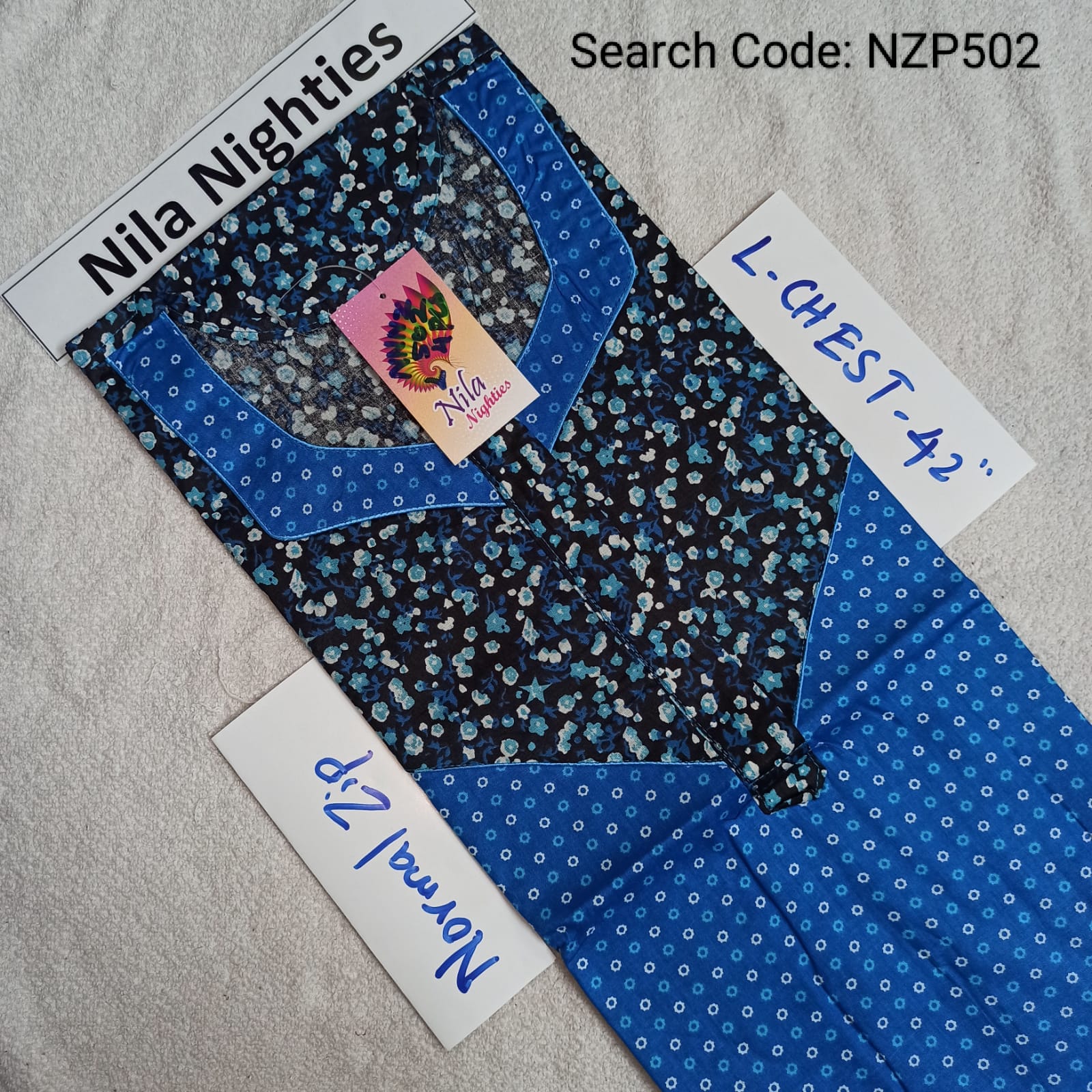 Blue Cotton Nila Normal Zip Nighties - NZP502
