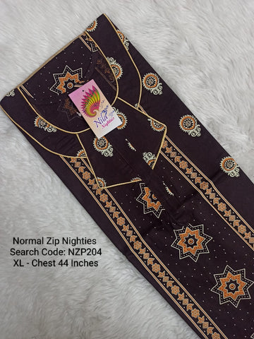 Brown Cotton Nila Normal Zip Nighties - NZP204