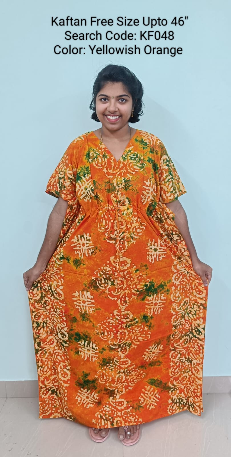 Yellowish Orange Cotton Nila Free Size Kaftan Nighties - KF048