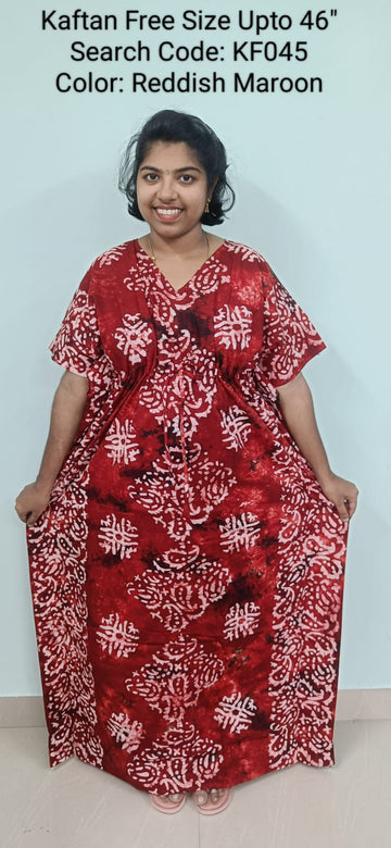 Reddish Maroon Cotton Nila Free Size Kaftan Nighties - KF045