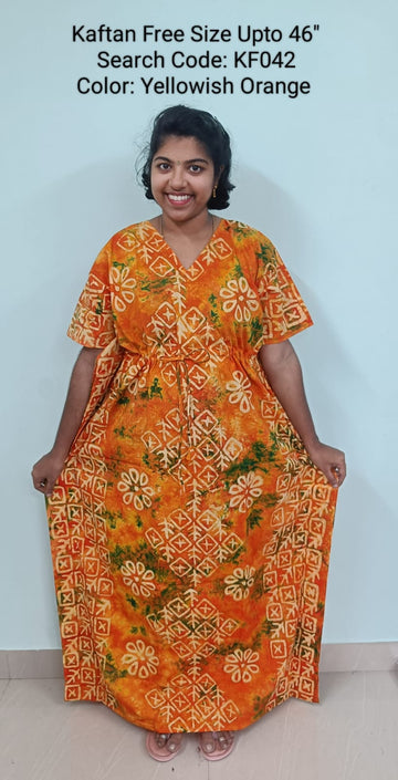 Yellowish Orange Cotton Nila Free Size Kaftan Nighties - KF042