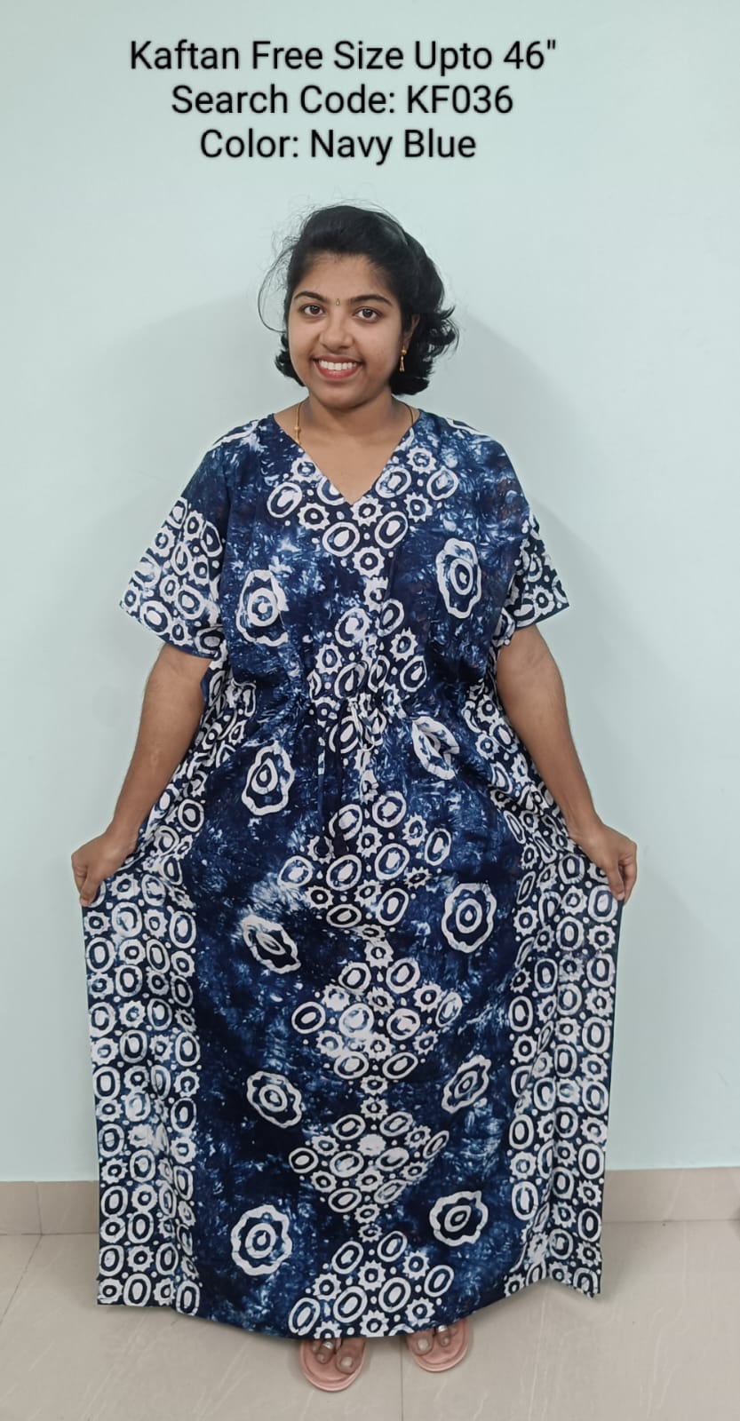 Navy Blue Cotton Nila Free Size Kaftan Nighties - KF036