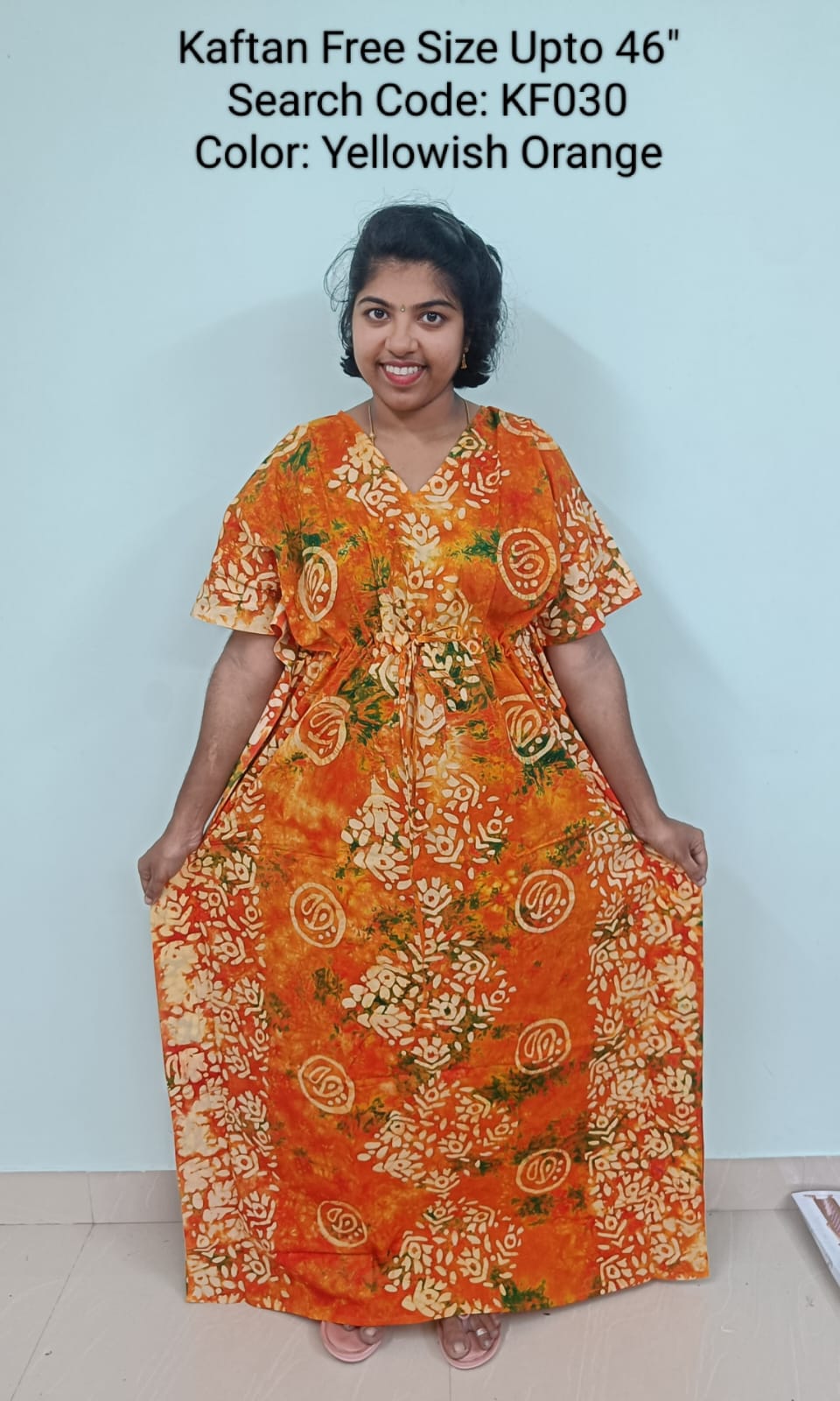Yellowish Orange Cotton Nila Free Size Kaftan Nighties - KF030
