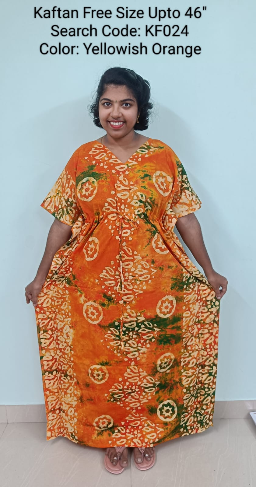 Yellowish Orange Cotton Nila Free Size Kaftan Nighties - KF024