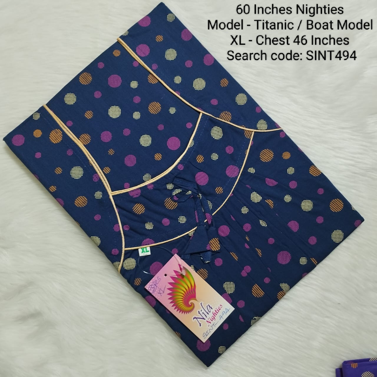 Ink Blue Cotton Nila Titanic Model 60 Inches Nighties - SINT494