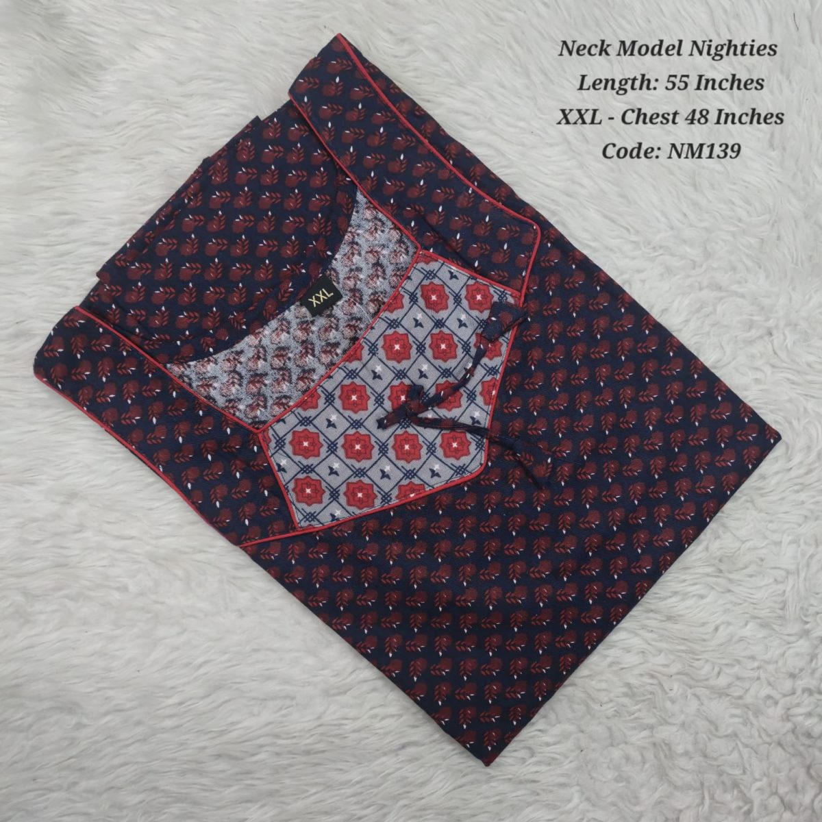 Navy Blue Cotton Nila Neck Model Nighties -NM139