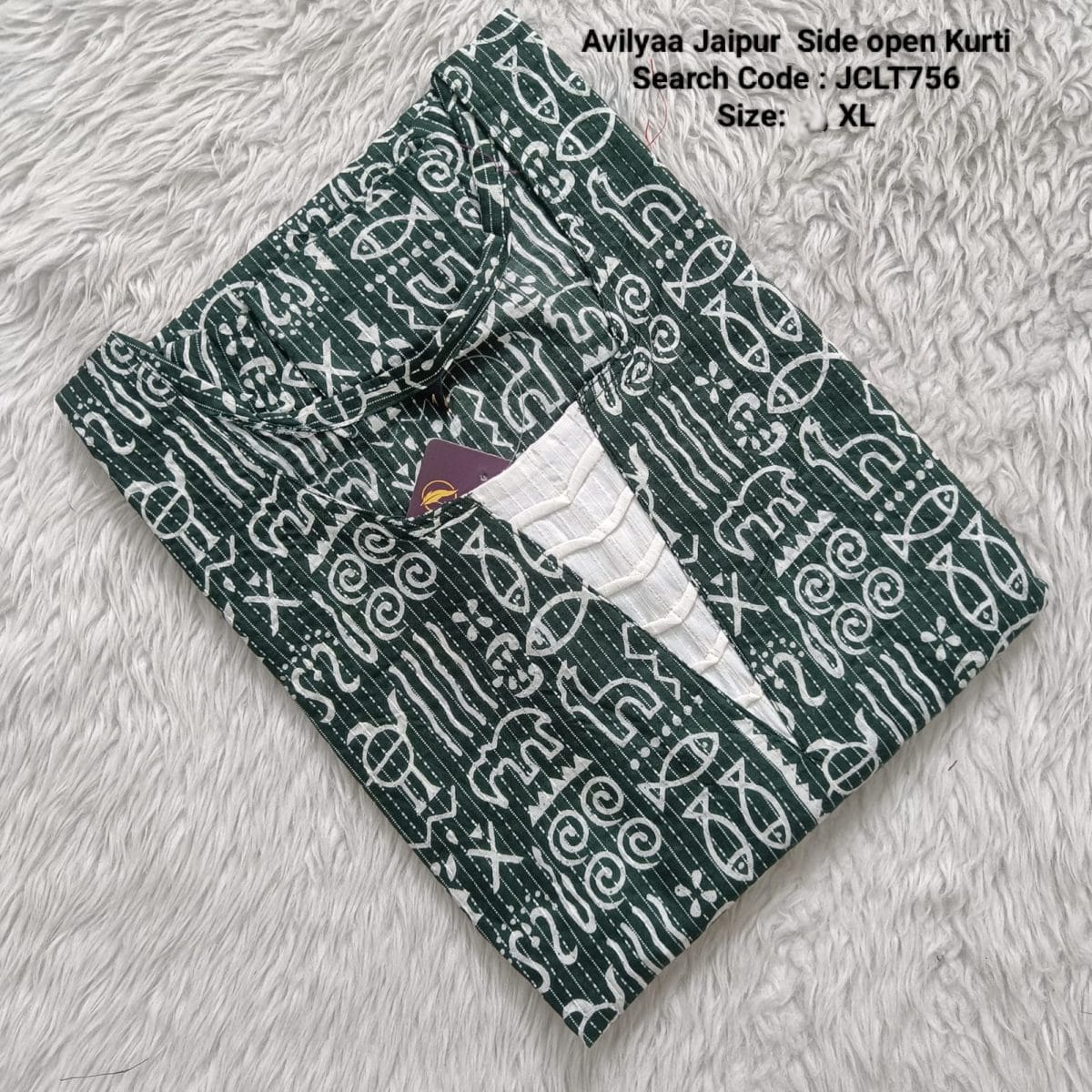 Green Jaipur Cotton Side Open Kurti Top Only Collection -JCLT756