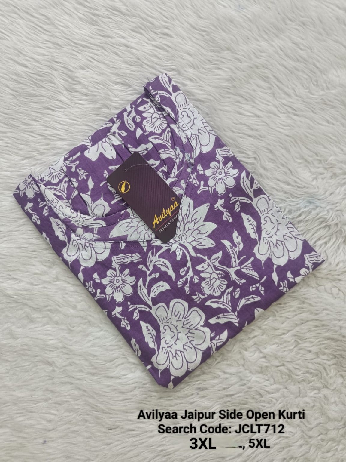 Purple Jaipur Cotton Side Open Kurti Top Only Collection -JCLT712