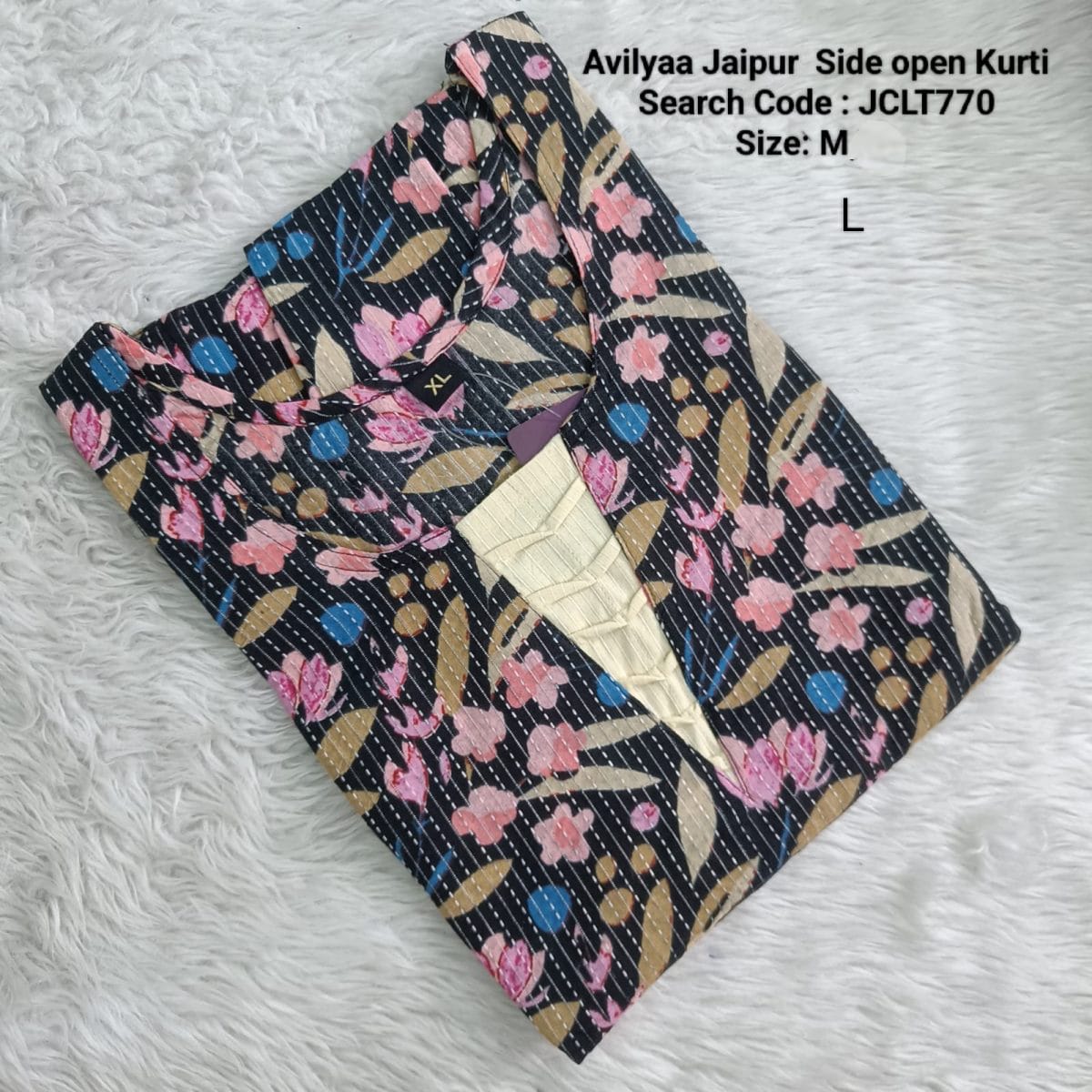 Black Jaipur Cotton Side Open Kurti Top Only Collection -JCLT770