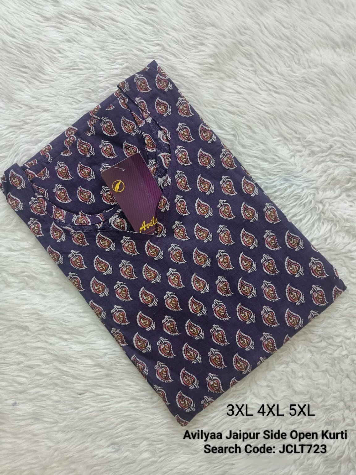 Navy Blue Jaipur Cotton Side Open Kurti Top Only Collection -JCLT723