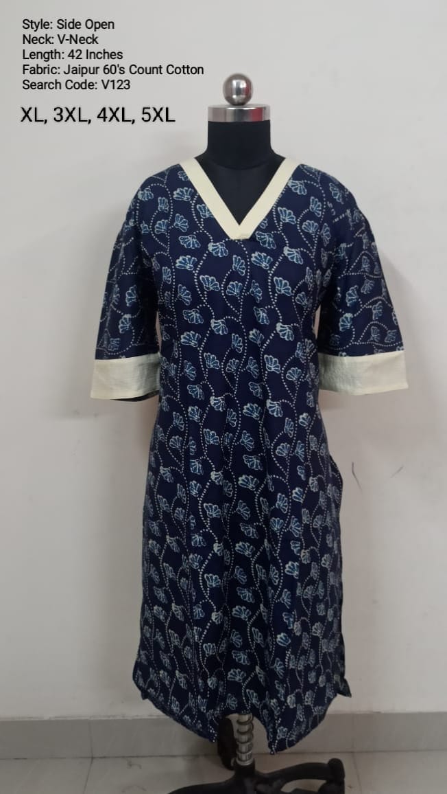 Navy Blue Jaipur Cotton Side Open Kurti Top Only Collection -V123
