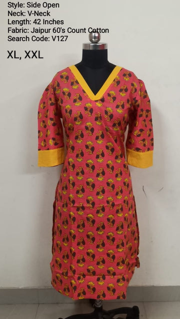 Orange Jaipur Cotton Side Open Kurti Top Only Collection -V127