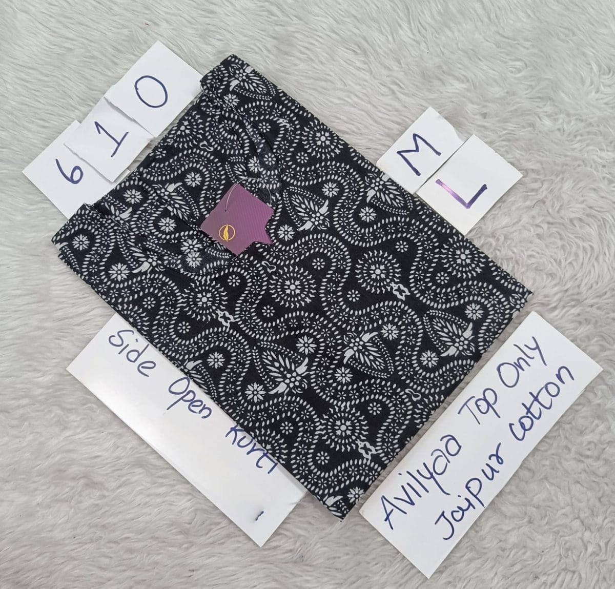 Black Jaipur Cotton Side Open Kurti Top Only Collection -JCLT610