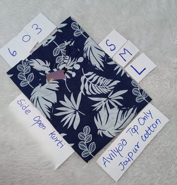 Navy Blue Jaipur Cotton Side Open Kurti Top Only Collection -JCLT603