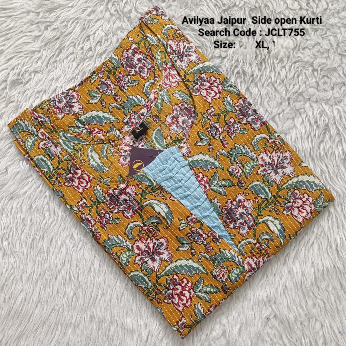 Mustard Jaipur Cotton Side Open Kurti Top Only Collection -JCLT755