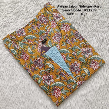 Mustard Jaipur Cotton Side Open Kurti Top Only Collection -JCLT755